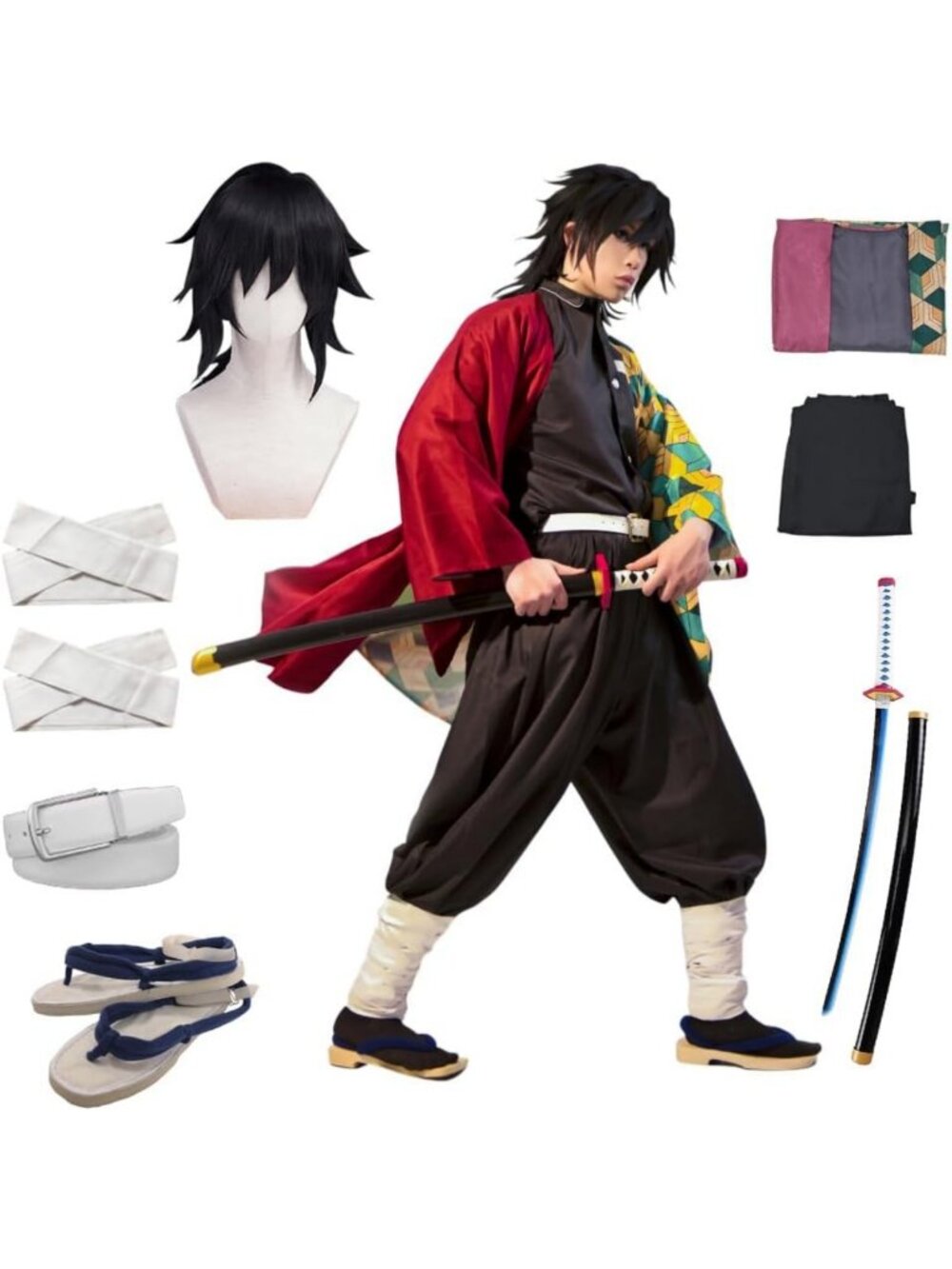 Men's Anime Cosplay Costume Set - Kimono Outfit, Shoes, Wig & Sword for Parties